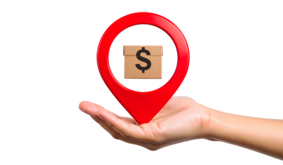 Hand holding a cardboard box inside a red location marker on a transparent background PNG