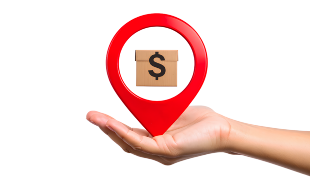 Hand holding a cardboard box inside a red location marker on a transparent background PNG