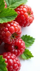Close-up of fresh cloudberries with vibrant green leaves on a white background, berries, vibrant colors, fruit