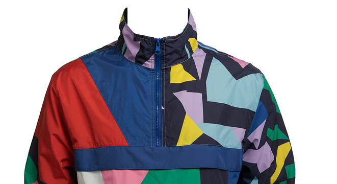 Vibrant multicolour geometric print windbreaker anorak jacket, featuring a bold abstract pattern reminiscent of 80s and 90s retro fashion