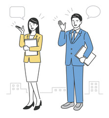 businessman and businesswoman, explaining, full body, vector illustration