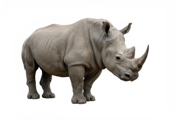 Obraz premium A solitary rhinoceros stands against a stark white backdrop, showcasing its powerful build and distinctive horn