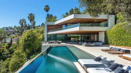 House rear view showing box-shaped layers and covered pool space