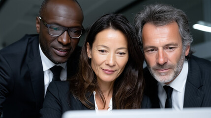Diverse Group of Business Colleagues Collaborating Using a Laptop in Modern Office Environment