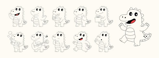 Cute Dinosaur Tracing Line with Different Actions, Pose and Gesture