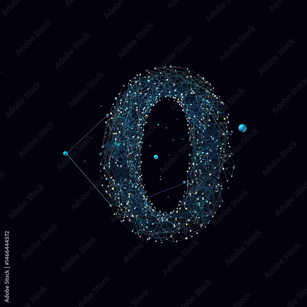 Poster 3d wireframe digit zero composed of glowing blue nodes and connecting lines forming a futuristic net