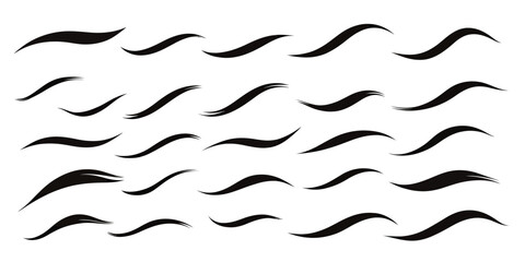 Set of 20 black hand drawn brush stroke swoosh underline calligraphic vector elements with smooth curved lines and minimalist design on white background