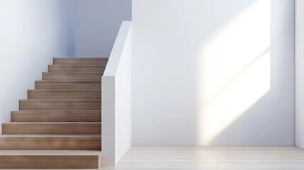 Modern staircase in a white-walled hallway with wooden steps