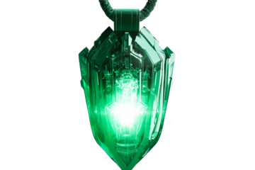 Shield shaped green pendant with internal glowing power, cut out transparent