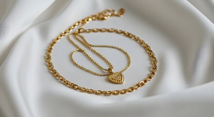 Fototapeta premium Elegant Gold Necklace and Bracelet on Silky White Fabric | Luxury Jewelry for Fashion, Romance and Gift Ideas