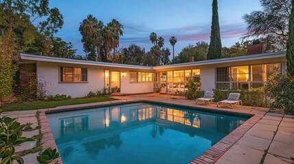 Fototapeta premium Night view of lit swimming pool adjacent to white boxy home
