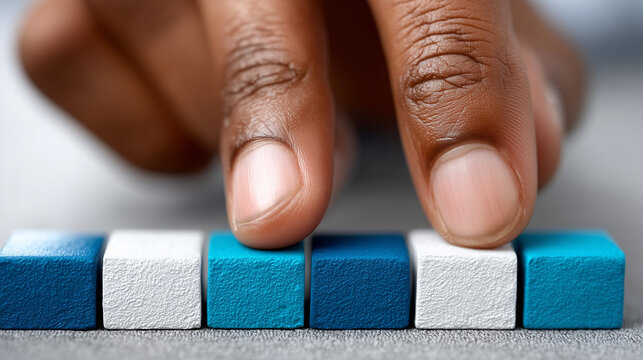 Close-up of Hand Adjusting Color Blocks with Focus on Final Arrangement of Blue and White Shapes for Creative Projects - Powered by Adobe