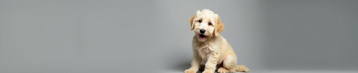 Adorable cream labradoodle posing on grey backdrop, background, cute, portrait