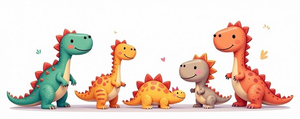Adorable dinosaur characters in pastel colors on a white background for children's products, dinosaur, pastel colors, fun