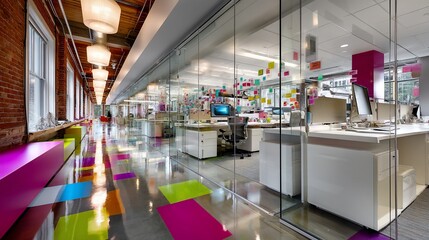 Modern, vibrant office space with open design and colorful accents.  Glass partitions showcase collaborative work areas