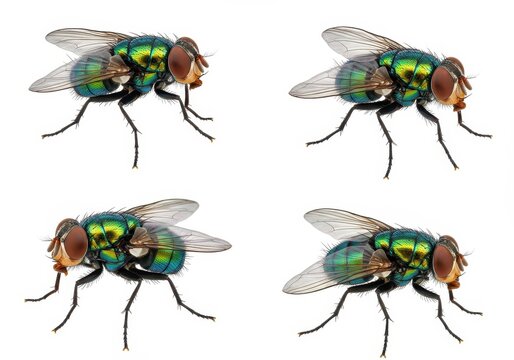 Four iridescent green bottle flies in a grid pattern against a bright white background, macro studio shot - Powered by Adobe
