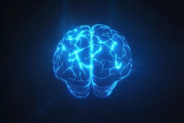 Illuminated blue brain with glowing veins on a dark background showing intelligence and neurology