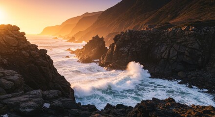 Sunset Coastline Dramatic Ocean Waves Crashing Against Rugged Rocks