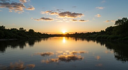 Fototapeta premium Sunset Over Calm Lake With Tree Reflections