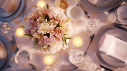 Elegant wedding table with floral centerpiece and fine china, radiating timeless romance and sophistication