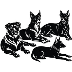 Silhouetted group of four relaxed black dogs lying down against a white background