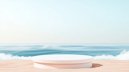 High Resolution White Round Platform on Sandy Beach - Summer, beach, product display, ocean view, minimalist design. Symbolizing serenity, relaxation, purity, freshness, and escape