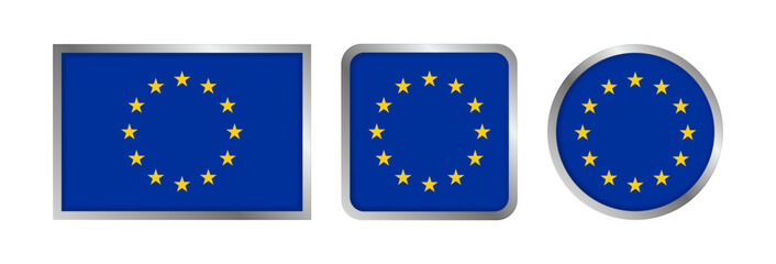 Collection of EU flags badges in silver frames. National patriotic symbol of European Union. Emblem design for product labelling, stickers, decoration, holiday. Vector illustration  
