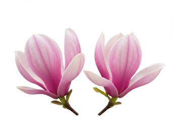 Naklejka premium Two pink magnolia blossoms with delicate petals isolated against a clean white background
