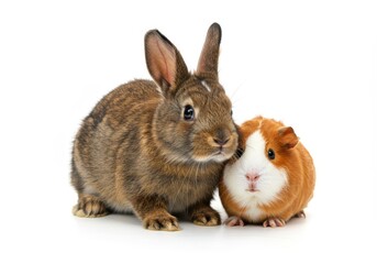 Fototapeta premium A brown rabbit and a guinea pig sitting together on a white background looking at the camera