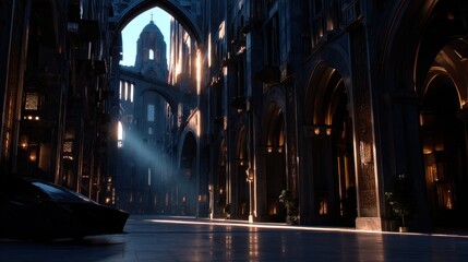 Fototapeta premium Sunlit cathedral interior with arched hallways and stone architecture, low angle view