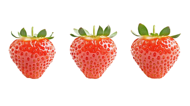 Three Fresh Ripe Strawberries Arranged in a Row on a Transparent Background