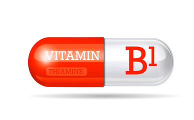 Vitamin B1, Capsule, tablets, dietary supplement on white background.