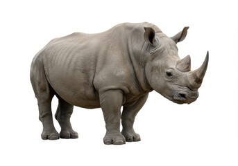 Obraz premium A southern white rhinoceros stands facing right on a white background, showcasing its thick skin and horns