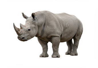 Obraz premium A full body shot of a rhinoceros standing on a white background, looking to the left of the frame
