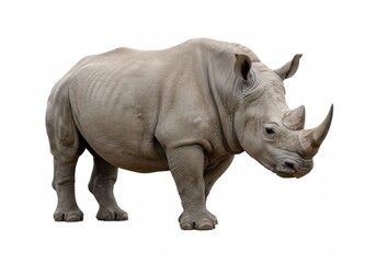 A full body shot of a rhinoceros standing on a white background with its head angled slightly to the right