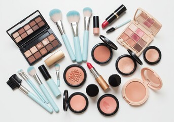 Overhead view of assorted makeup products including brushes, eyeshadow palettes, and lipsticks on a white background