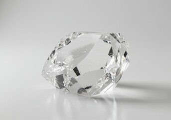 Close-up of a clear, uncut diamond reflecting light on a white surface with subtle shadows