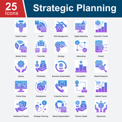 Strategic Planning is a collection of icons highlighting key elements in business strategy, including investment, risk, competition, growth, marketing, and long-term vision for success. 