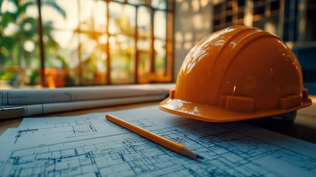 Blueprint of Progress: A construction site setup. The image portrays an architectural blueprint spread across a wooden surface, accompanied by a protective orange hard hat and a pencil.
