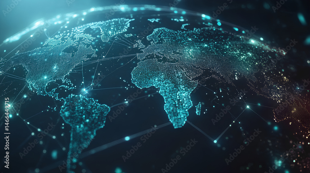 Sticker light blue background with a digital world map and global network connections, representing the conc