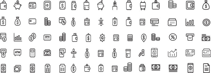 Banking and finance line icon set. Money, wallet, ATM, investment, credit card, savings and financial services. Outline vector icons. Pictogram collection