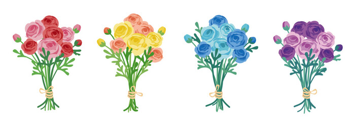 Colorful Ranunculus Bouquet Vector Illustration.Set of color variations.