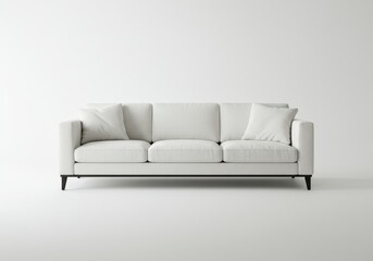 Fototapeta premium Contemporary white sofa with pillows against a white wall in a minimalist setting for home decor inspiration