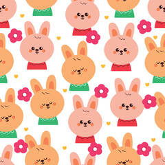 seamless pattern cute cartoon bunnies with red flower. cute animal drawing for wallpaper and background