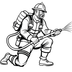 Black and white illustration of a kneeling firefighter with breathing apparatus and a hose spraying water.