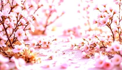 Fototapeta premium a close up view of cherry blossoms in full bloom, with delicate pink petals scattered across the frame