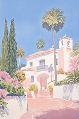 Detailed gouache illustration of a sunny morning in a coastal town with soft pastel colours and vintage aesthetic