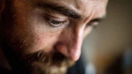 Fototapeta premium Man in deep thought, looking down with focus. Introspection and quiet determination in a moment of reflection.
