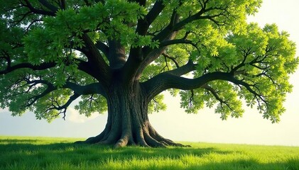 Obraz premium Ancient oak tree with spreading branches sheltering new growth beneath, new growth, strength