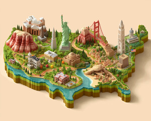Fototapeta premium United States Map Model: A vibrant, detailed 3D model of the United States, featuring iconic landmarks and geographical highlights. Capturing the essence of travel, culture.